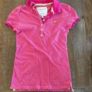 American Eagle Outfitters Women's Pink Striped Eagle Polo Shirt